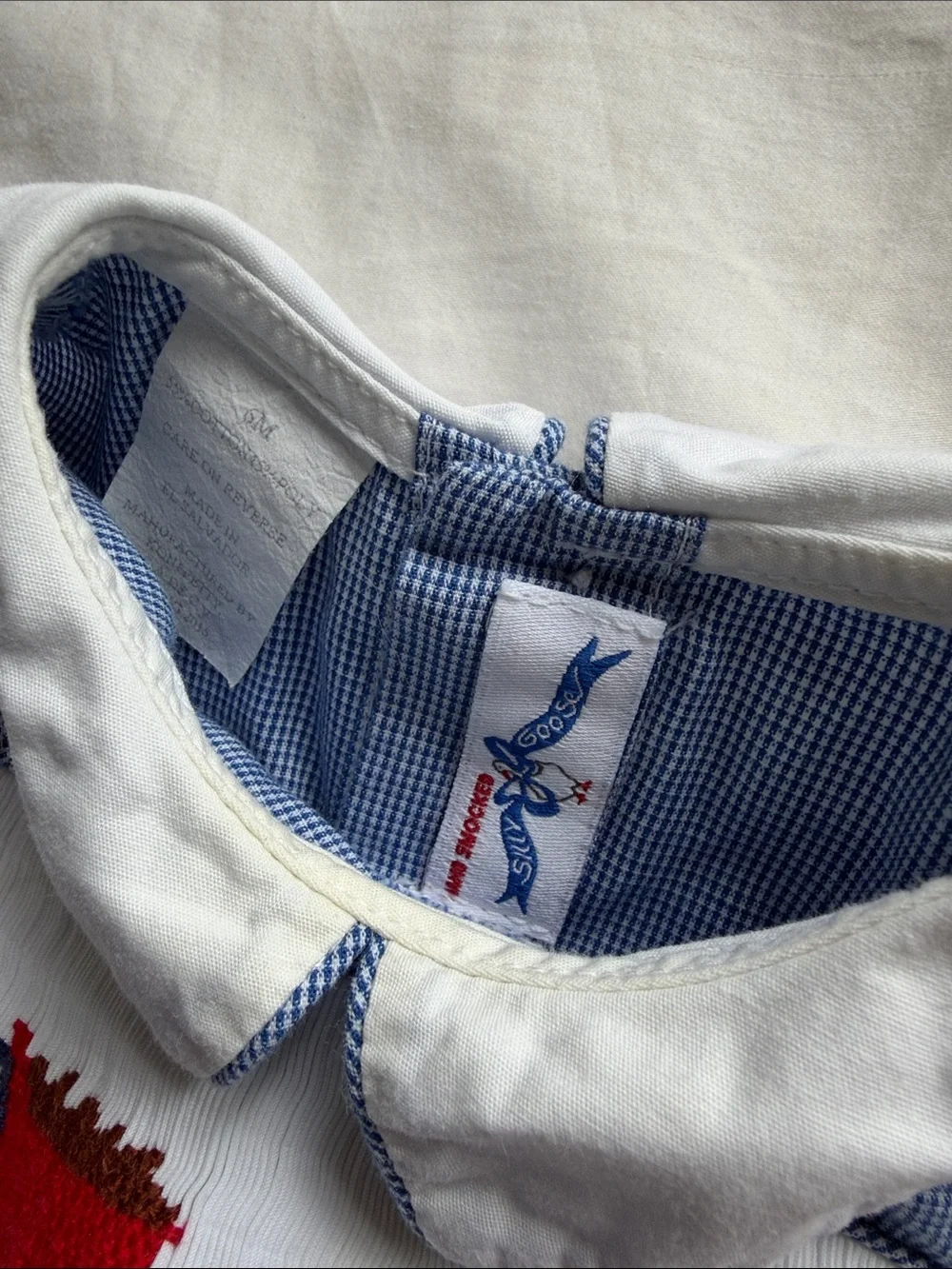 Silly Goose Blue Gingham Baby Romper with Red Truck Smocking
